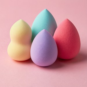 粉紅色表面上四個色彩繽紛的化妝海綿。 — 化妝 壁紙