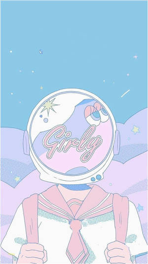 動漫女孩穿著粉紅色水手服和太空人頭盔漂浮在星空之中