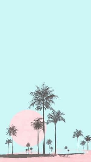 棕櫚樹剪影襯托粉紅太陽和薄荷綠天空。 — 夏日 壁紙