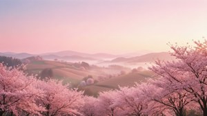 淡粉紅色美學風景，櫻花與霧氣彌漫的山丘。 — 淺粉紅色美學動圖 壁紙