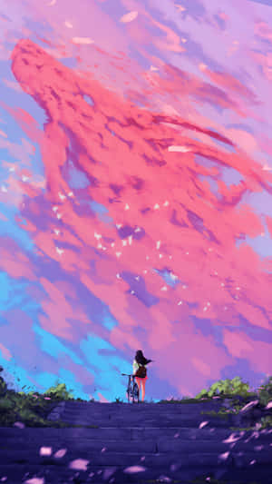 女孩帶著單車站在石階上，天空粉紅和藍色，花瓣飄落。