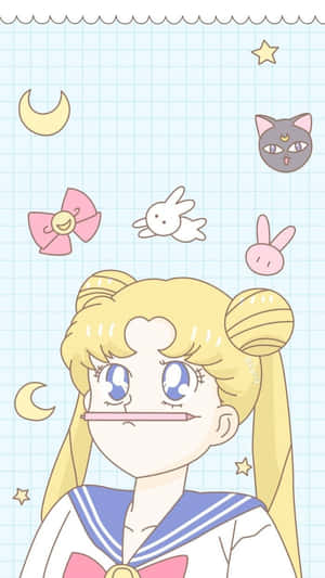 穿水手服的動漫女孩，漂浮的月亮、星星和動物在網格背景上