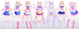 七個穿著色彩繽紛水手服的美少女戰士動漫角色正在擺姿勢。