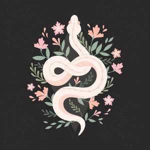 在深色背景上，一條被粉紅色花朵和綠葉環繞的白蛇。 — 東方龍 壁紙