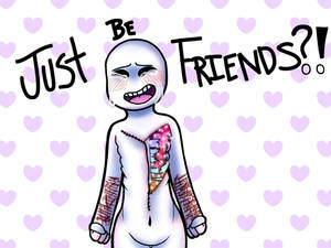 卡通角色，縫合身軀，對著心形背景尖叫「Just Be Friends?!」。