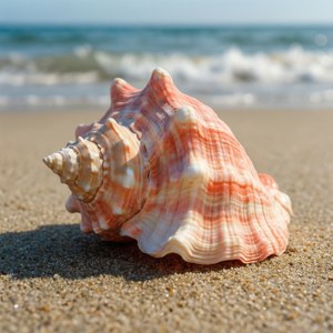 沙灘上一個粉紅色和白色的海螺，伴隨著海浪。 — 柔粉 壁紙