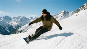 滑雪板運動員在雪山斜坡上 carving，雪花飛濺