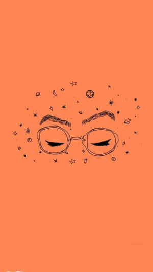 戴眼鏡的閉眼，周圍環繞著星星和行星，背景為橙色。 — 星星 壁紙