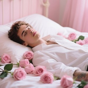 年輕男子在粉紅色房間被粉紅玫瑰環繞睡在床上