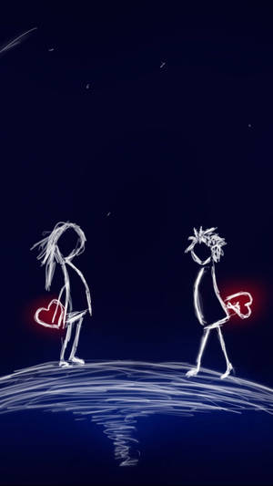 兩個火柴人在波浪上手持發光心形，背景是星空。