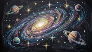 黑板上用粉筆畫的彩色星系，有星星和行星。