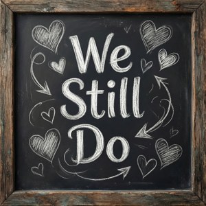木框黑板上的「We Still Do」被心形和箭頭環繞。