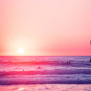 夕陽下粉紅色和紫色海洋中的滑浪者