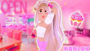 Roblox虛擬角色在粉紅色麵包店裡，有一個漂浮的杯子蛋糕。