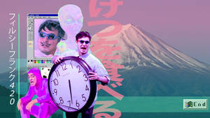男子在帶有富士山和日文字的故障風格數碼藝術中手持巨大時鐘。