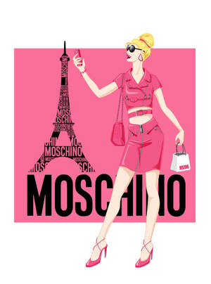 穿著粉紅色Moschino服裝的女性在艾菲爾鐵塔標誌附近自拍。 — 巴黎鐵塔 壁紙