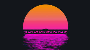 日落時分橋上的火車，粉紅色和橙色的天空倒映在水中。 — Outrun 壁紙