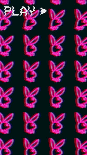 粉紅色霓虹燈Playboy兔仔標誌在重複網格中，帶有像素播放按鈕。 — Y2k 美學 壁紙