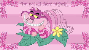 Cheshire Cat 在葉子上微笑，粉紅色背景和裝飾性漩渦。