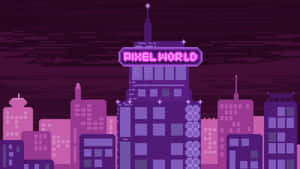 夜晚像素藝術城市景觀，帶有寫著 Pixel World 的霓虹標誌。