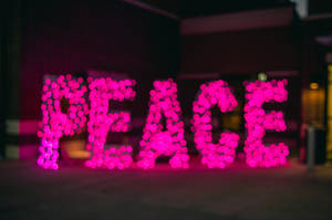 粉紅色燈光在夜間城市環境中拼出PEACE。