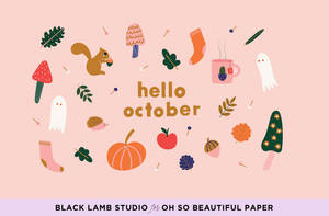 Hello October 秋季圖標，包括南瓜、鬼魂和襪子，在粉紅色背景上。