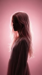 一個淺粉紅髮女孩的剪影，映襯在發光的粉紅背景上。 — 淺粉紅色美學動圖 壁紙