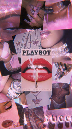 粉紅色閃爍拼貼，包含嘴唇、珠寶和修甲的手，以及《Playboy》雜誌。