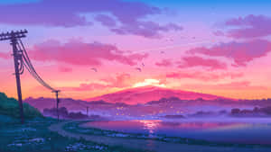粉紫色天空下，山湖道路和鳥兒飛翔的黃昏風景 — 紅色山脈 壁紙