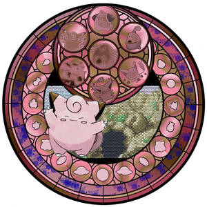 粉紅色胖丁在帶有寶可夢圖標的彩繪玻璃窗前。 — 可愛寵物小精靈 壁紙