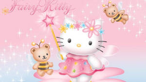 Hello Kitty 化身為仙女，與蜜蜂朋友在閃爍的粉紅色天空中飄浮。
