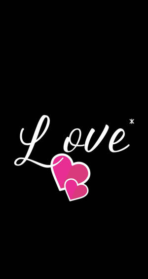 黑色背景上白色草書「love」字樣與兩個粉紅色心形。
