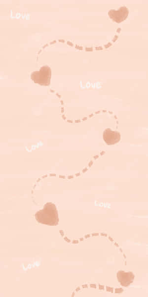 柔和蜜桃色背景上有一條虛線路徑連接心形和「love」字樣。 — Pixel 3 壁紙