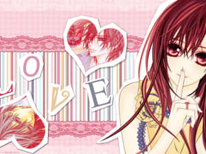 紅髮動漫女孩將手指放在嘴唇上，旁邊是心形肖像和 LOVE 字母。