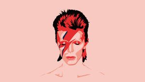 David Bowie 肖像，帶有紅色和藍色閃電妝容，背景為粉紅色。