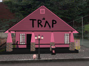 鵝卵石街道上帶有「TRAP」塗鴉和復古路燈的粉紅色房子。