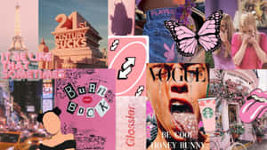 粉紅色流行文化拼貼畫，以艾菲爾鐵塔、Vogue、Playboy 和滾石樂隊嘴唇為特色。 — 拼貼 GIF 壁紙
