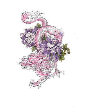 粉紅龍與紫白菊花交織的風格化插圖。 — 日本龍動畫 壁紙