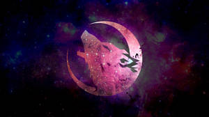 狼在新月內嚎叫，背景是繁星點點的星雲。 — 粉紅動漫美學 壁紙