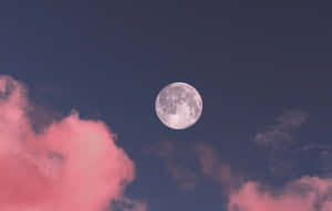 滿月在深藍色夜空中從粉紅雲朵上方升起。 — 月色夜空 壁紙