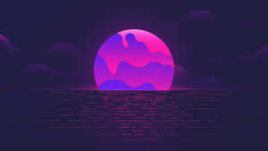 一個發光的紫色和粉紅色行星在黑暗的海洋上升起，伴隨著風格化的雲朵。