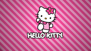 Hello Kitty 卡通角色穿著粉紅色連衣裙，頭上戴著花朵，背景為粉紅色條紋。