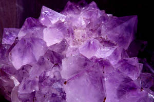 一簇紫色紫水晶晶體，帶有閃亮切面，襯托深色背景。 — 粉紅閃粉 壁紙