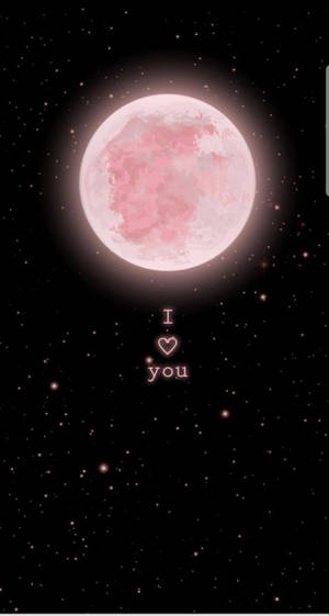 粉紅色月亮配上 I heart 你 文字，背景為繁星點點的夜空