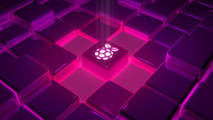 在紫色和粉紅色色調的發光立方體網格上的發光 raspberry pi 標誌。 — 淺粉紅色美學動圖 壁紙