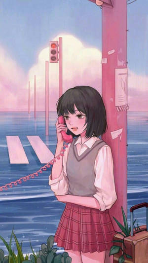 穿著校服的動漫女孩在水邊的粉紅色柱子附近用紅色轉盤電話通話。