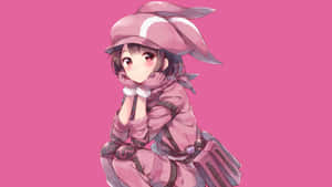 動漫女孩戴粉紅色兔仔帽和服裝沉思
