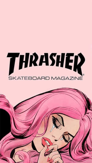 粉紅色頭髮的女性哭泣，紅唇，帶有Thrasher Skateboard Magazine文字。