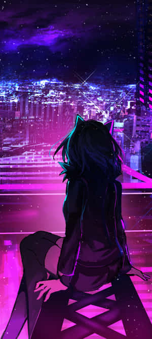 貓耳動漫女孩俯瞰夜晚的霓虹城市