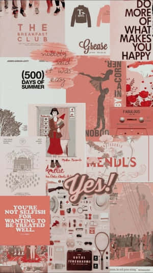 粉紅色拼貼畫，包含電影語錄、時尚單品和電影場景。